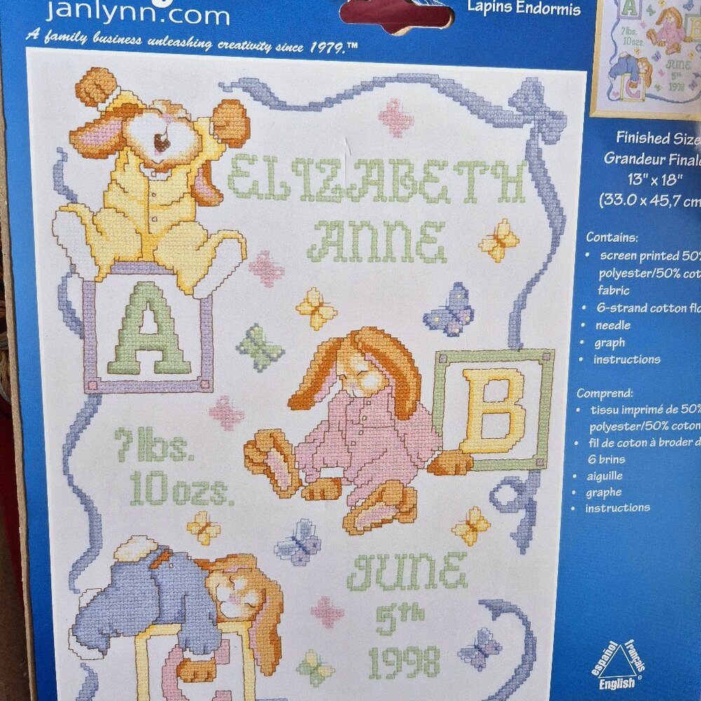Stamped Cross stitch Sleepy Bunnies Birth Sampler By JanLynn